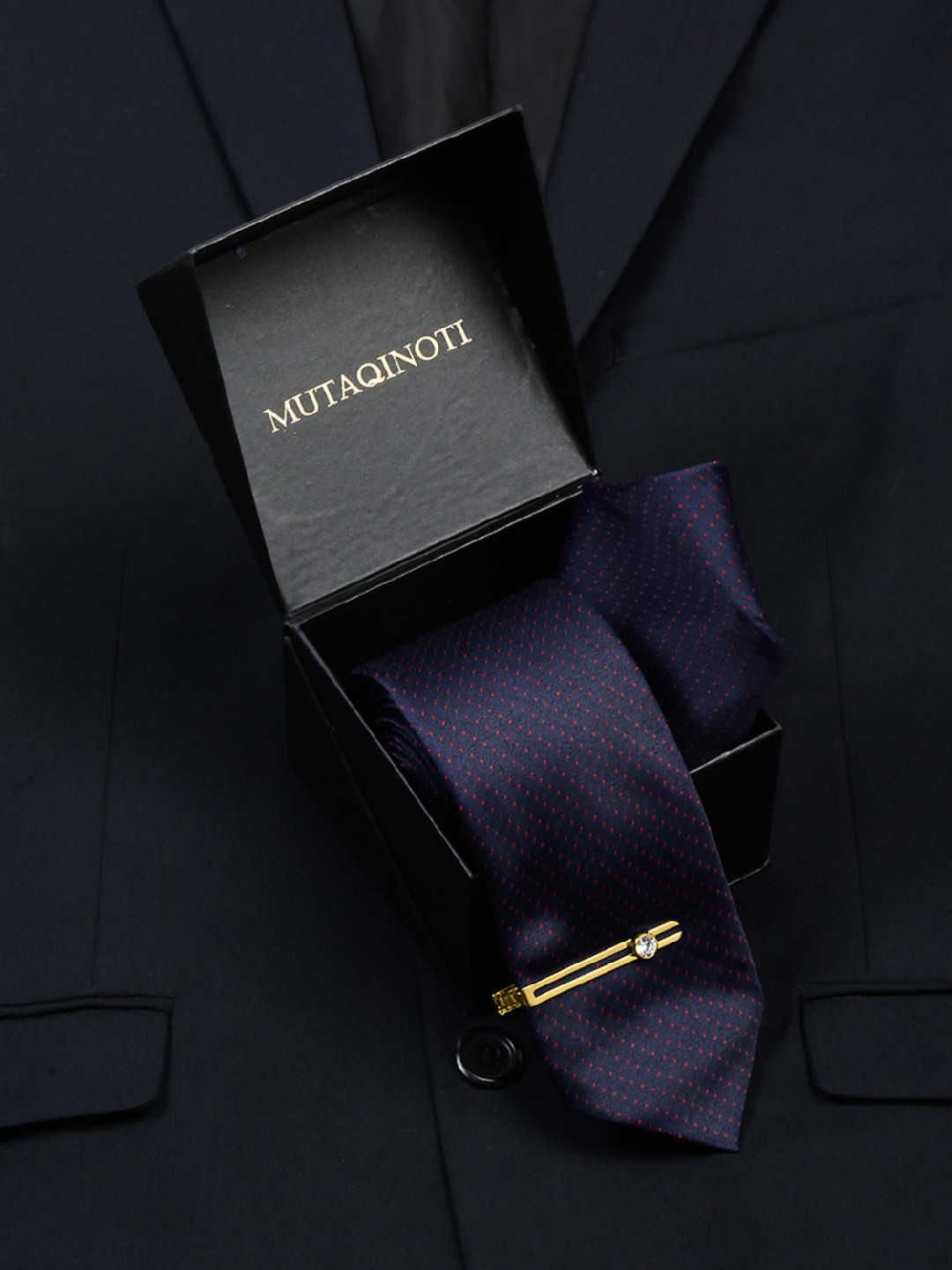 MUTAQINOTI Men Dotted Pattern Silk Formal Accessory Gift Set