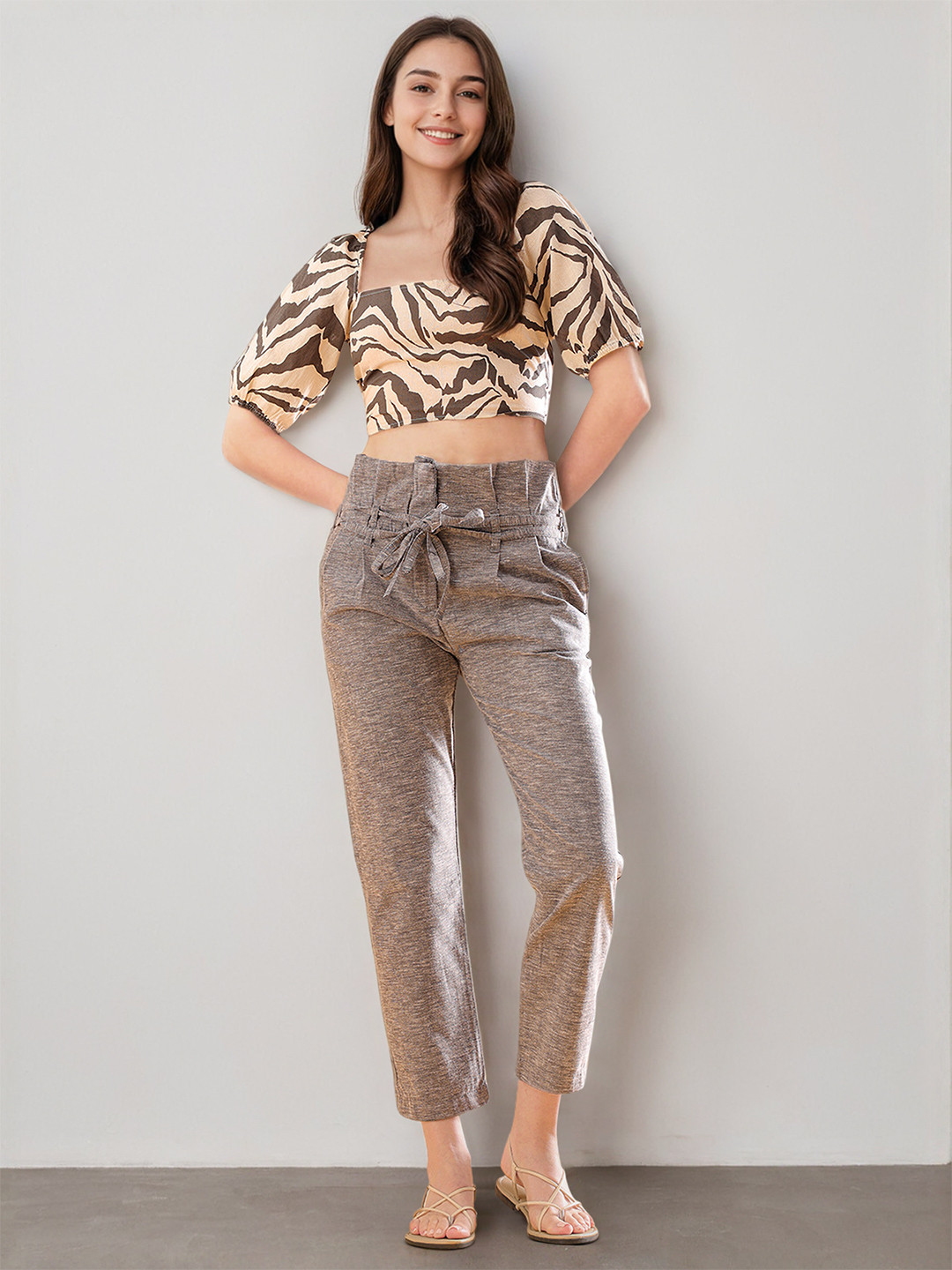 Freehand by The Indian Garage Co Textured Straight Fit High-Rise Pleated Trousers