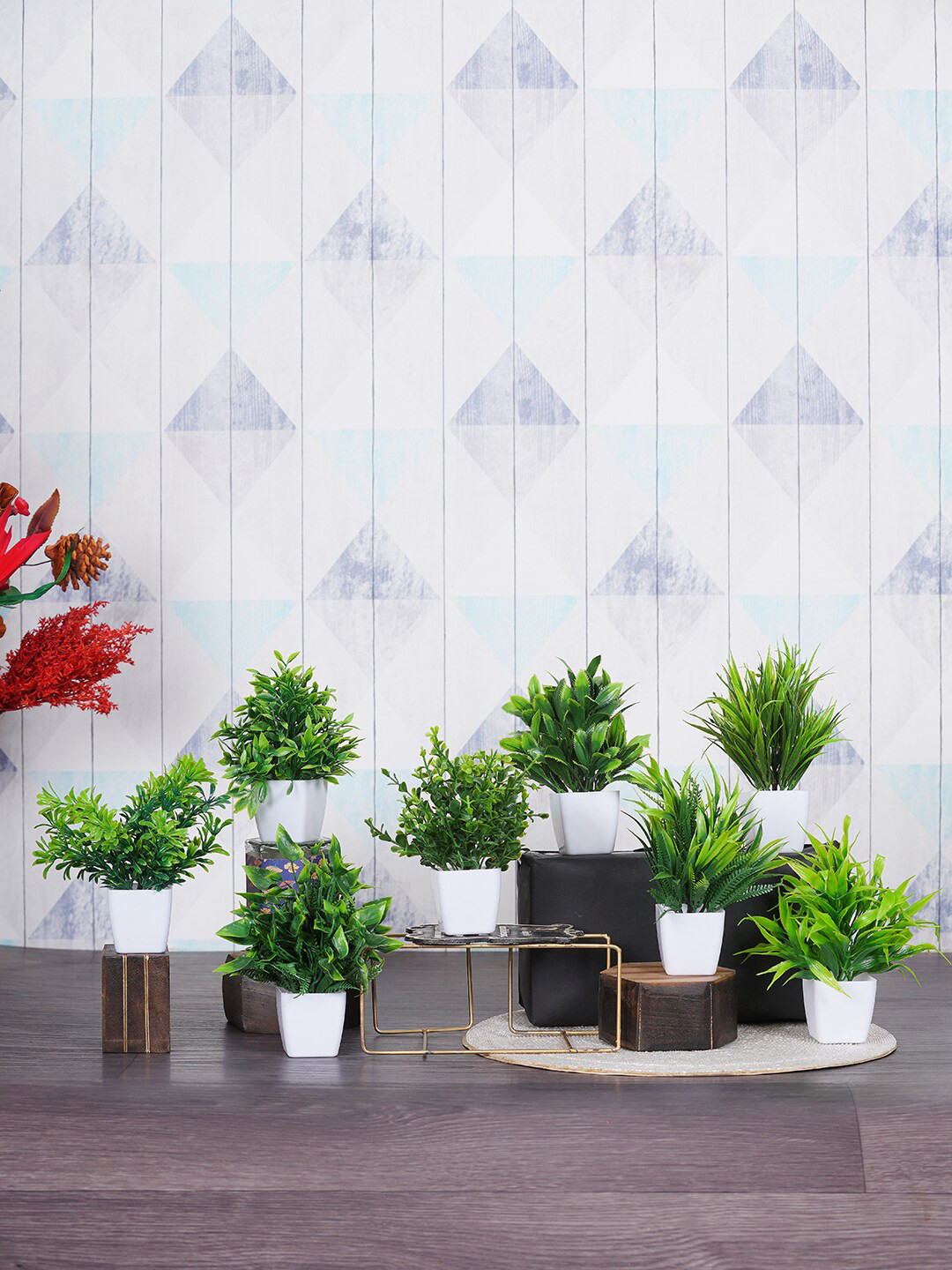 Dekorly Green & White 8 Pieces Bonsai Artificial Plant With Pots