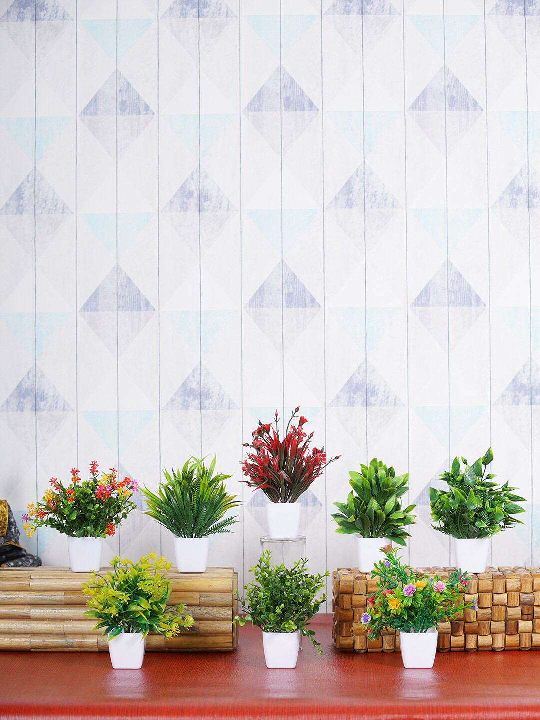 Dekorly Green & White 8 Pieces Bonsai Artificial Plants With Pots