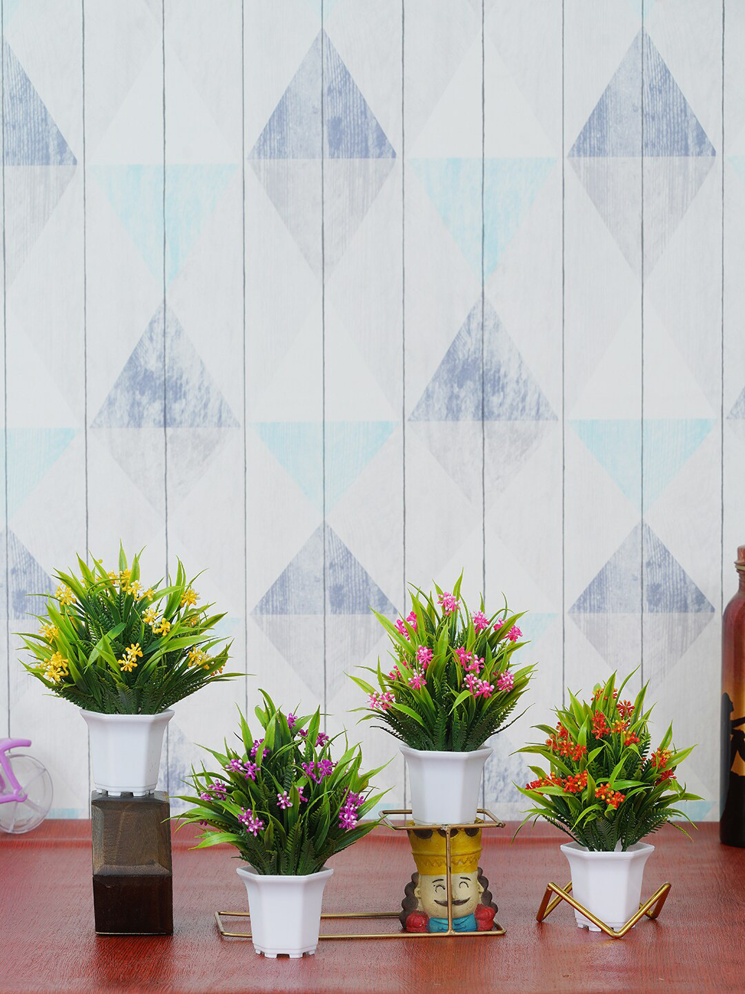 Dekorly Green & White 4 Pcs Decorative Artificial Plants With Pot