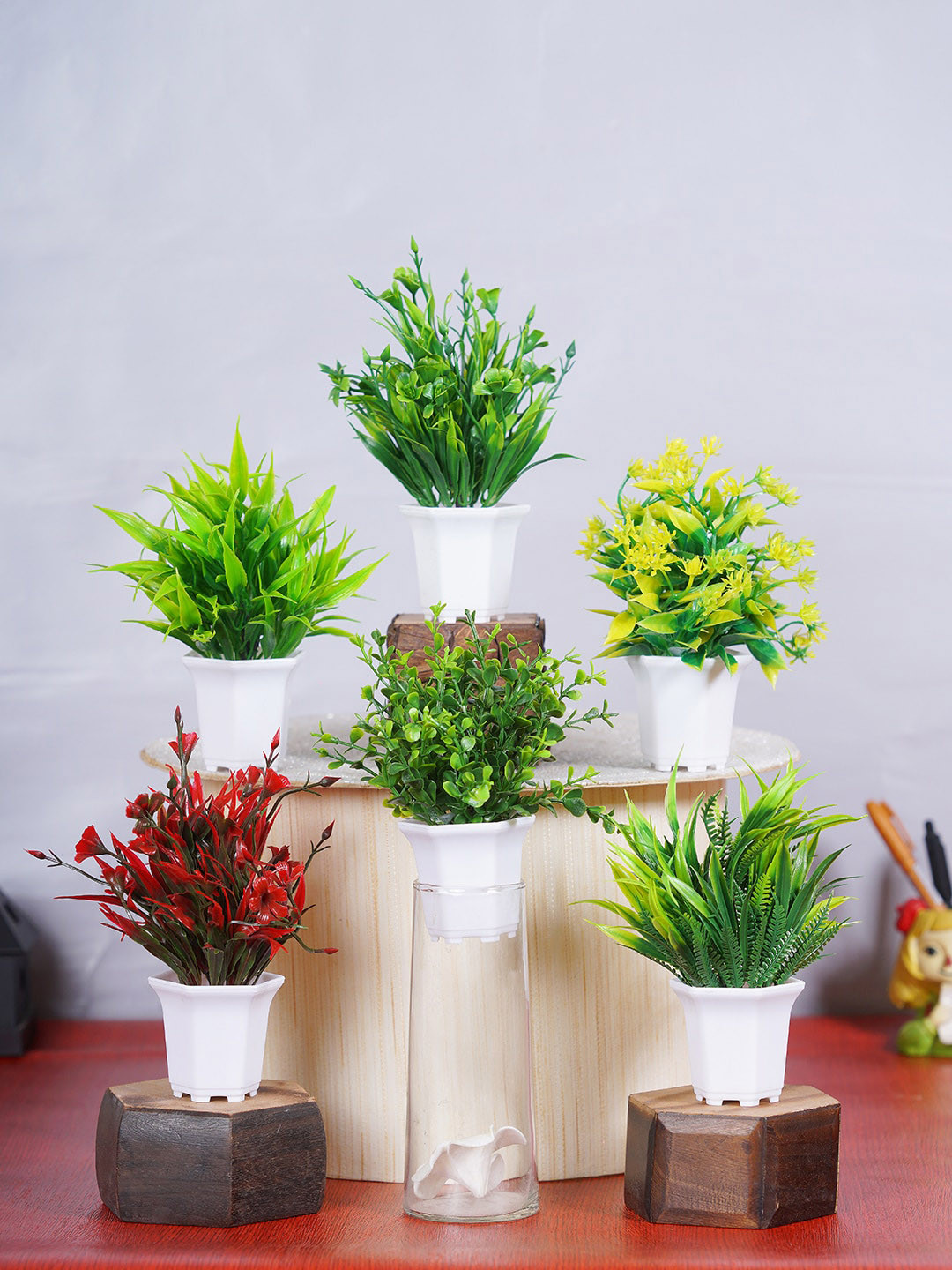 Dekorly Green & White 6 Pieces Bonsai Artificial Plants With Pots