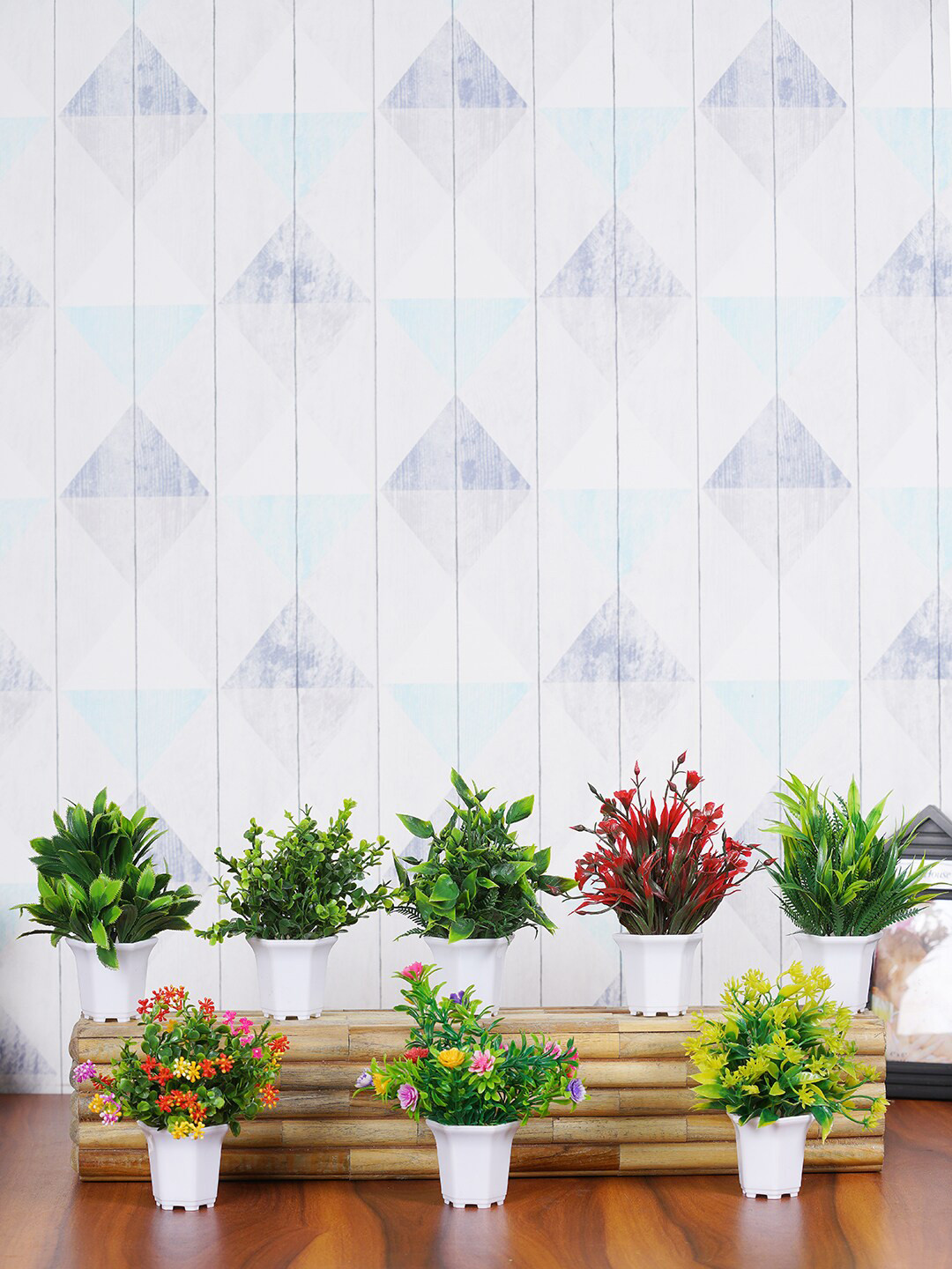 Dekorly Green & White 8 Pieces Decorative Plants With Pots