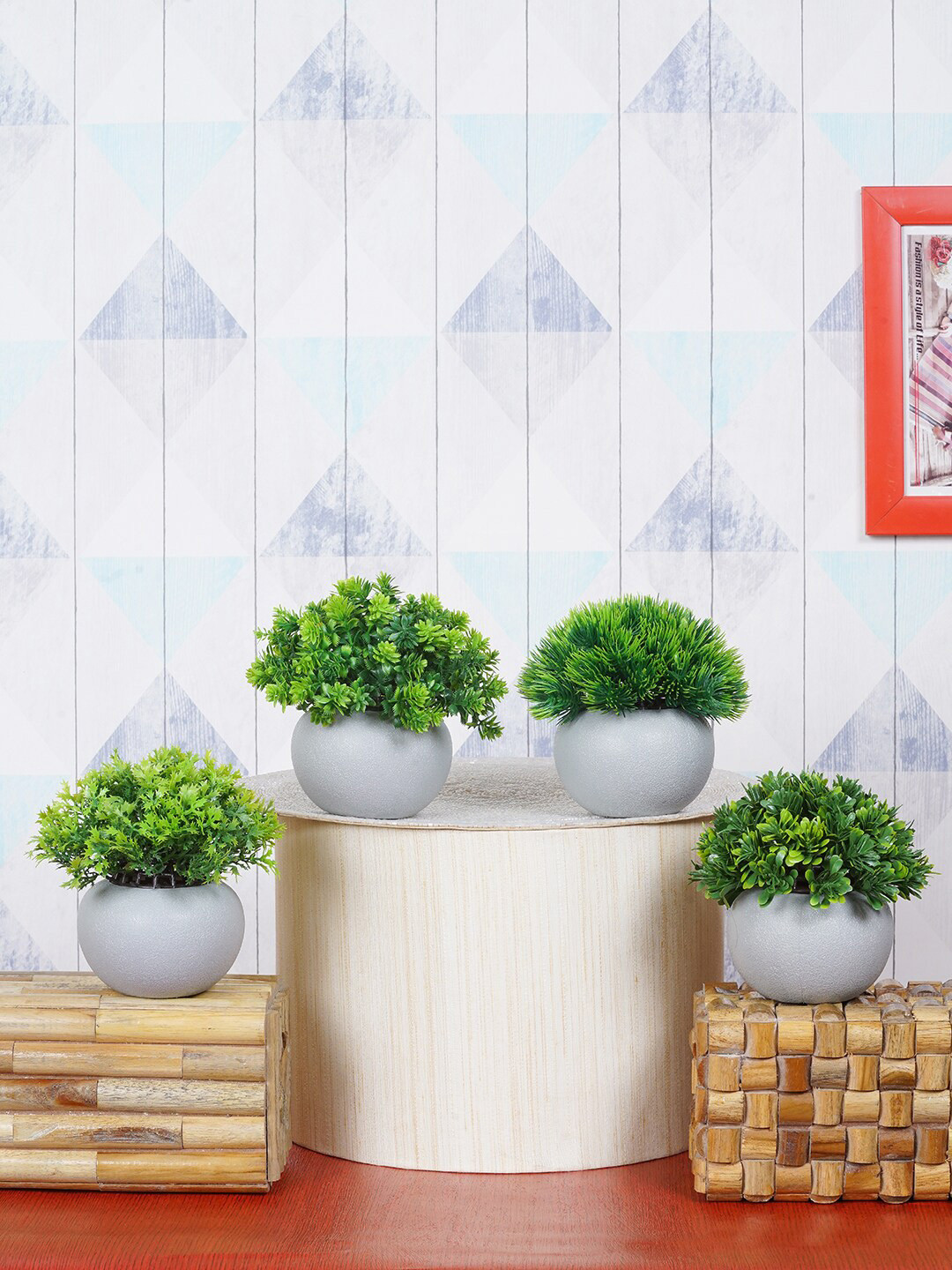 Dekorly Green & White 4 Pcs Bonsai Decorative Artificial Plant With Ceramic Pot