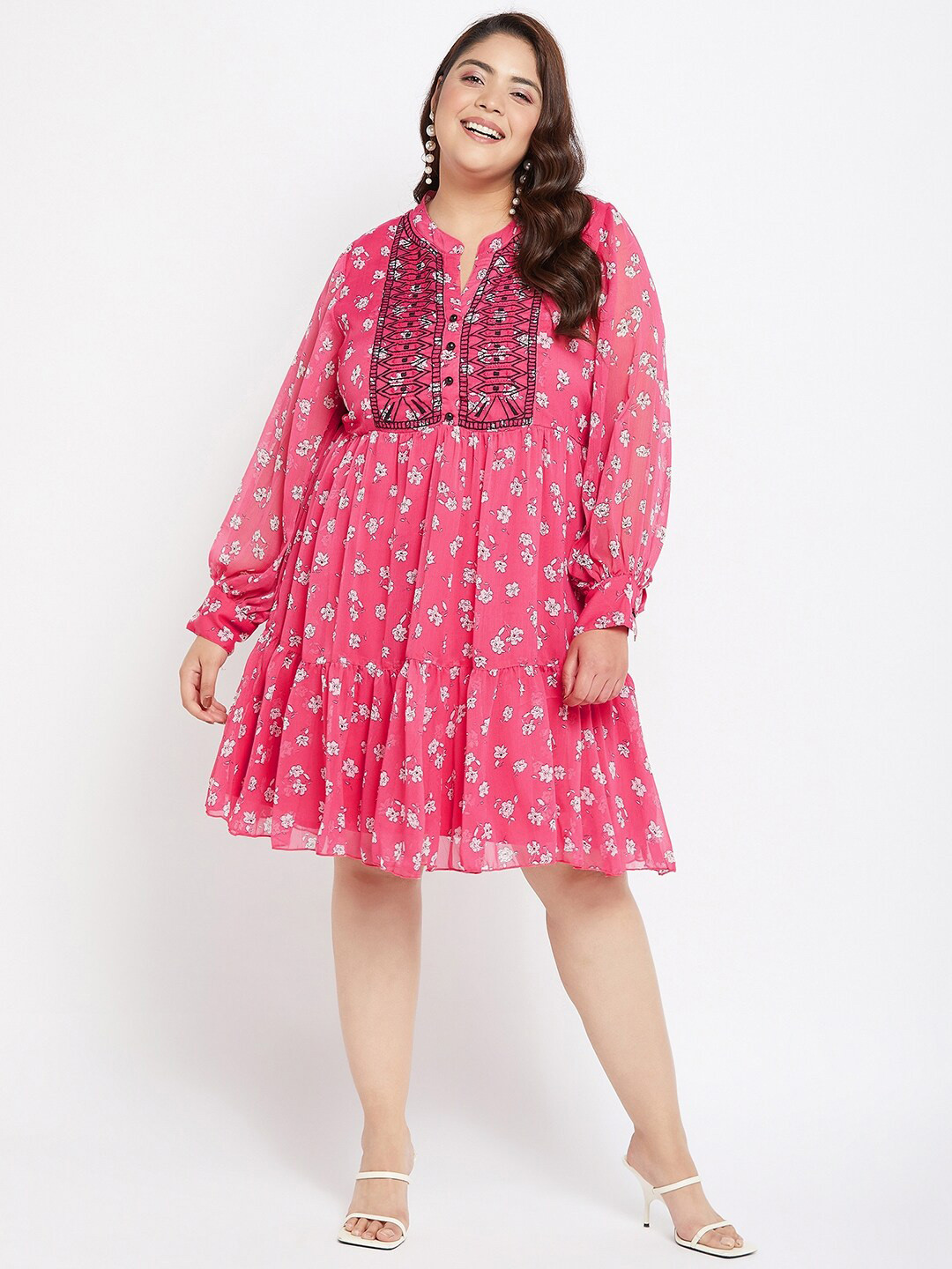 Antheaa Curve Floral Print Puff Sleeve Chiffon Fit & Flare Dress