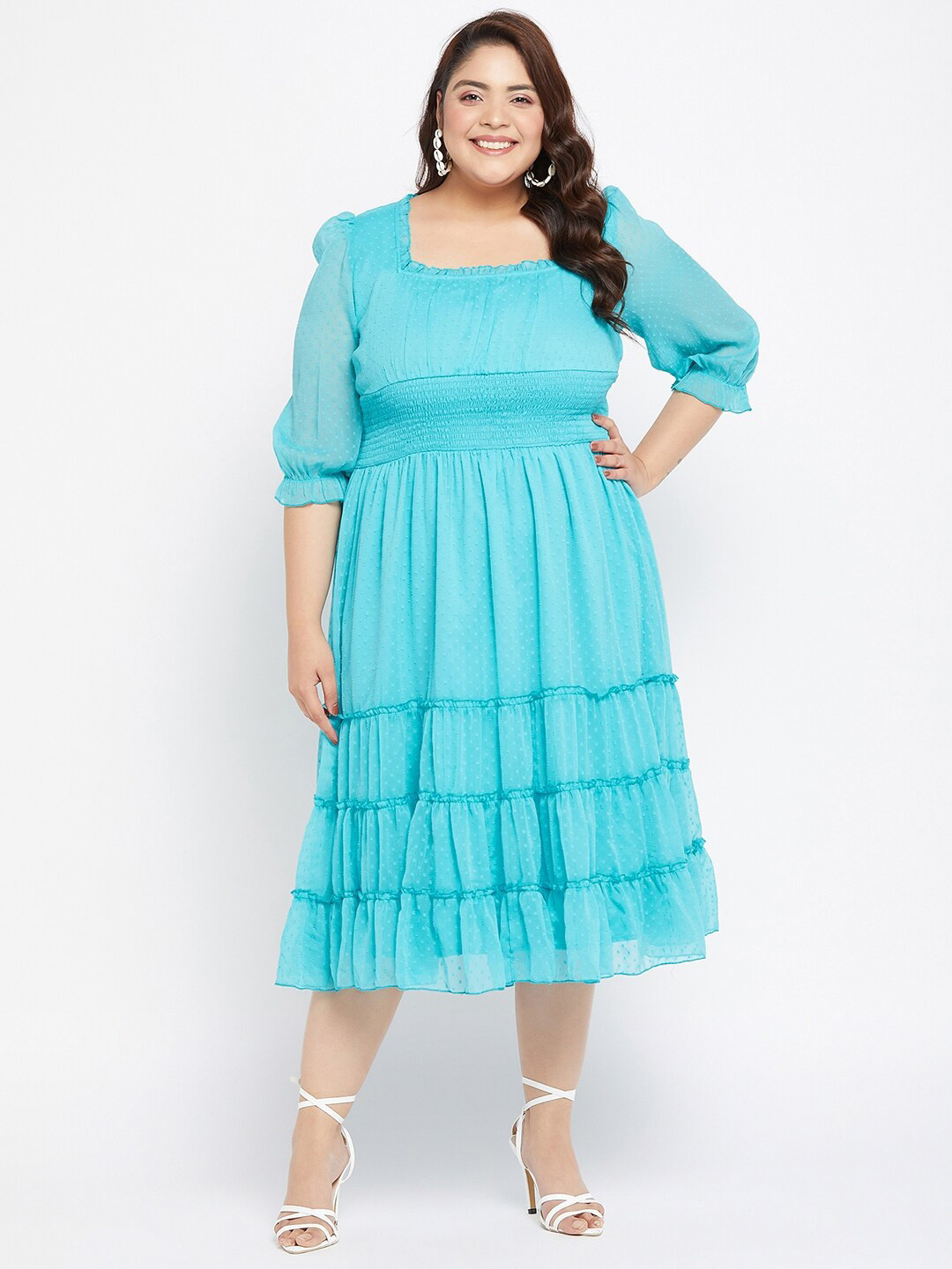 Antheaa Curve Puff Sleeve Chiffon Empire Midi Dress