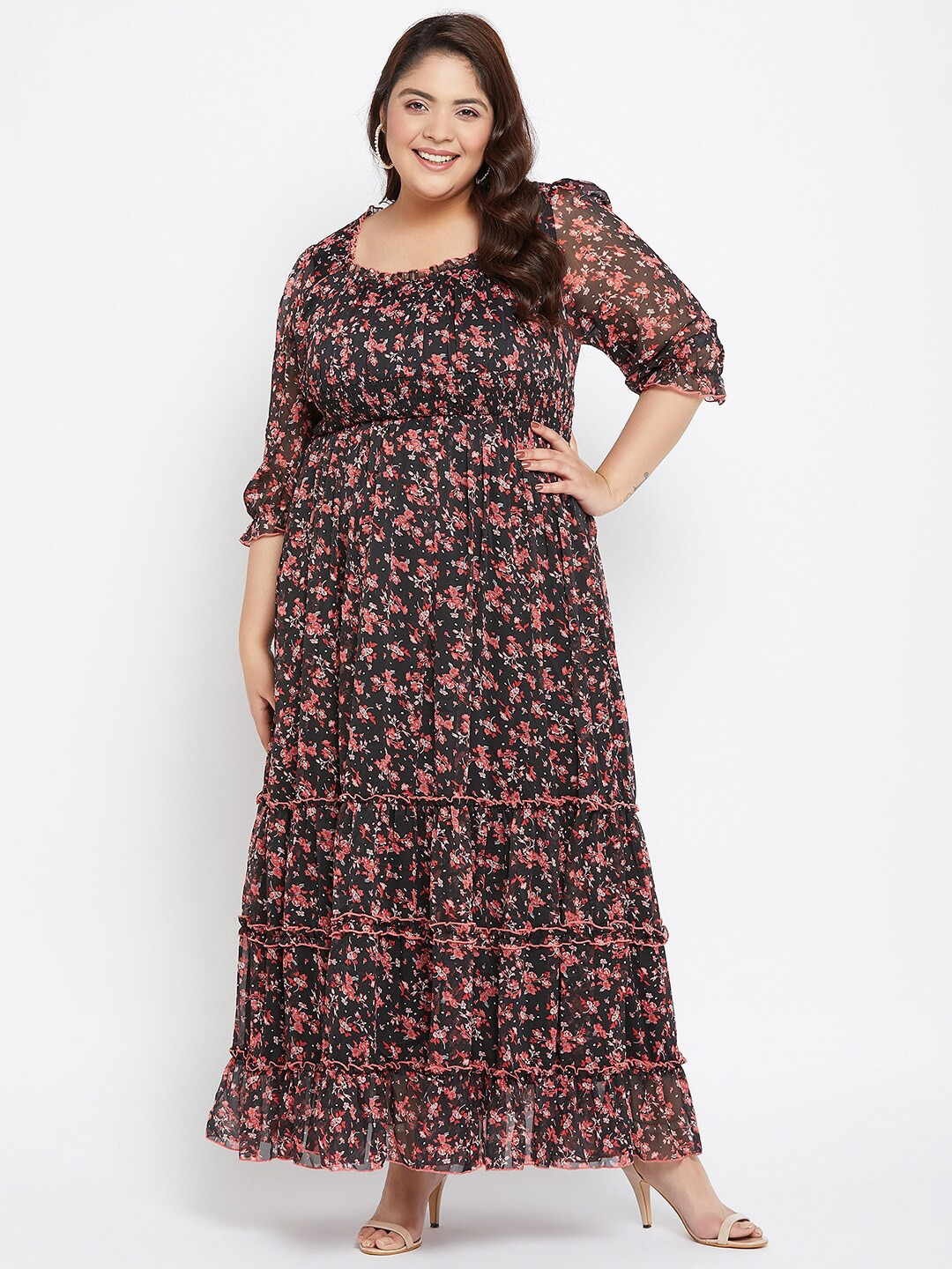Antheaa Curve Floral Print Bell Sleeve Layered Chiffon Maxi Dress