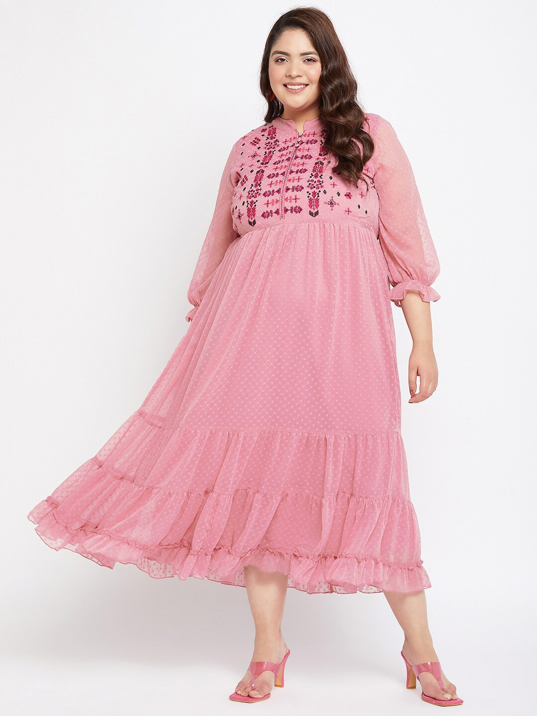 Antheaa Curve Print Puff Sleeve Chiffon A-Line Midi Dress