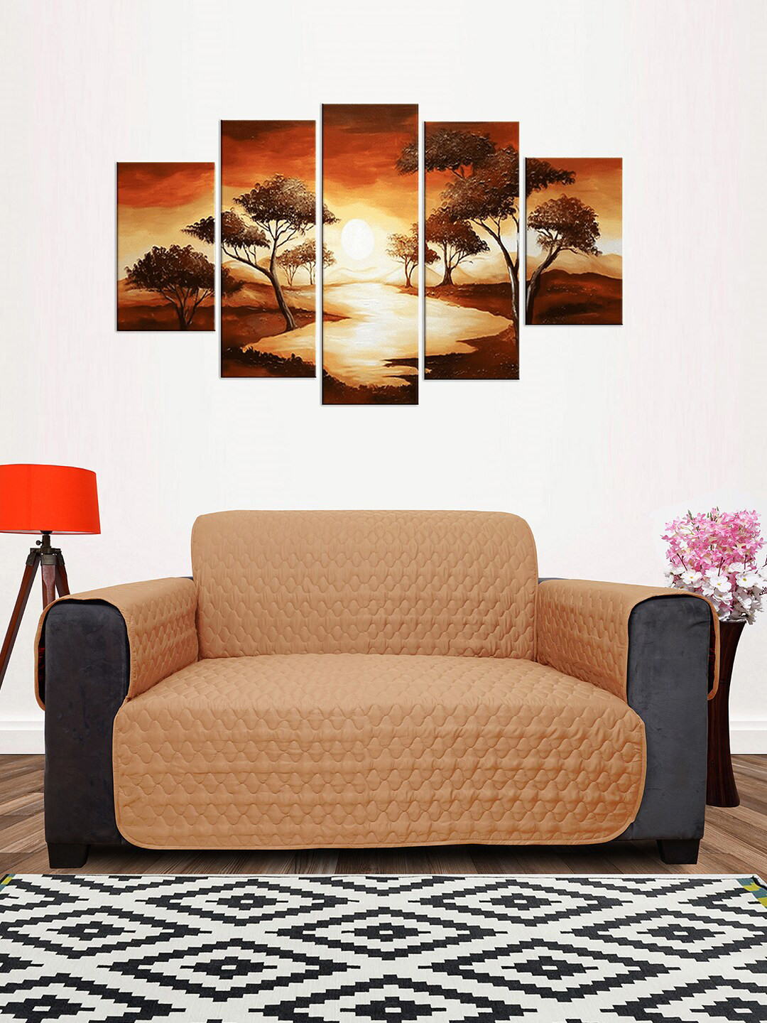 DREAM CARE Maroon & Beige Quilted Reversible 2-Seater Reversible Sofa Cover With Side Pockets