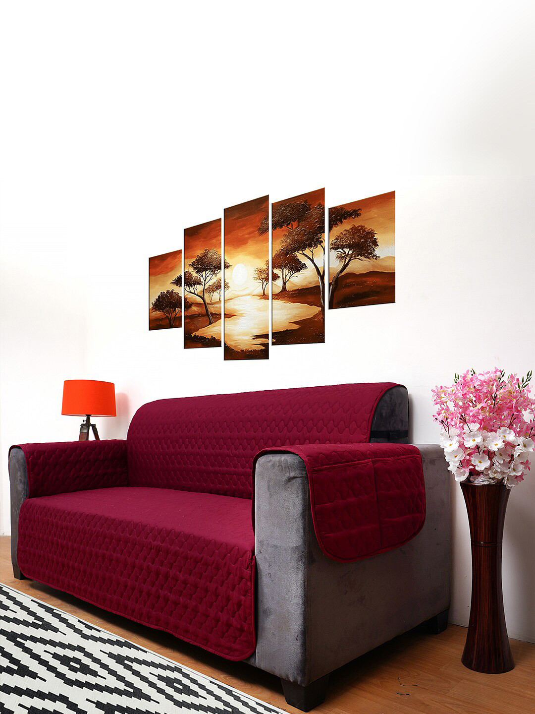 DREAM CARE Coffee Brown Quilted Reversible 3 Seater Sofa Cover With Arm & Side Pockets