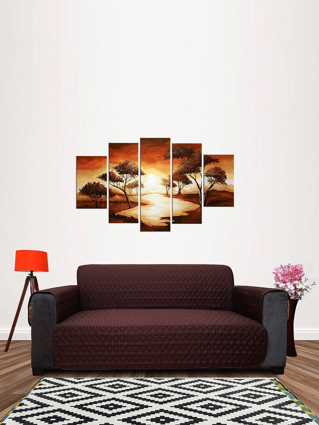 DREAM CARE Beige & Coffee Brown Quilted Reversible 3 Seater Sofa Cover With Arm & Side Pockets