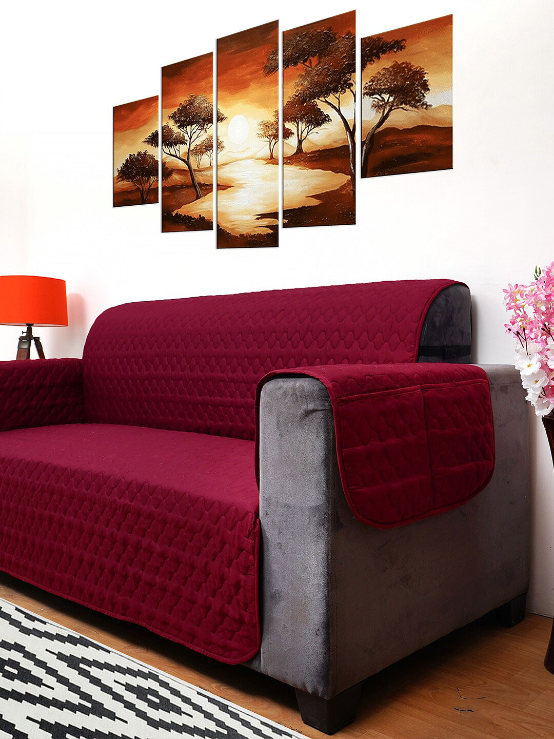 DREAM CARE Coffee Brown & Maroon Quilted Reversible 2 Seater Sofa Cover With Arm & Side Pockets