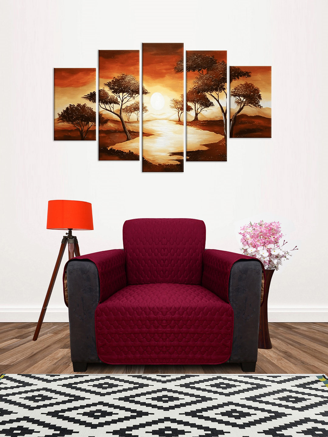 DREAM CARE Maroon & Beige Quilted Reversible 1 Seater Sofa Cover With Arm & Side Pockets