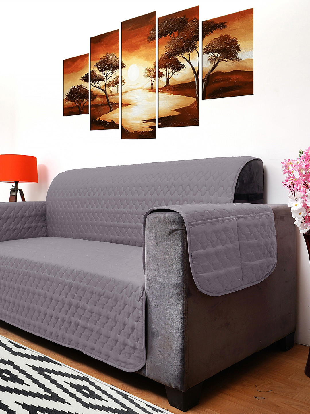 DREAM CARE Grey &  Navy-Blue Quilted Reversible 2-Seater Reversible Sofa Cover With Side Pockets