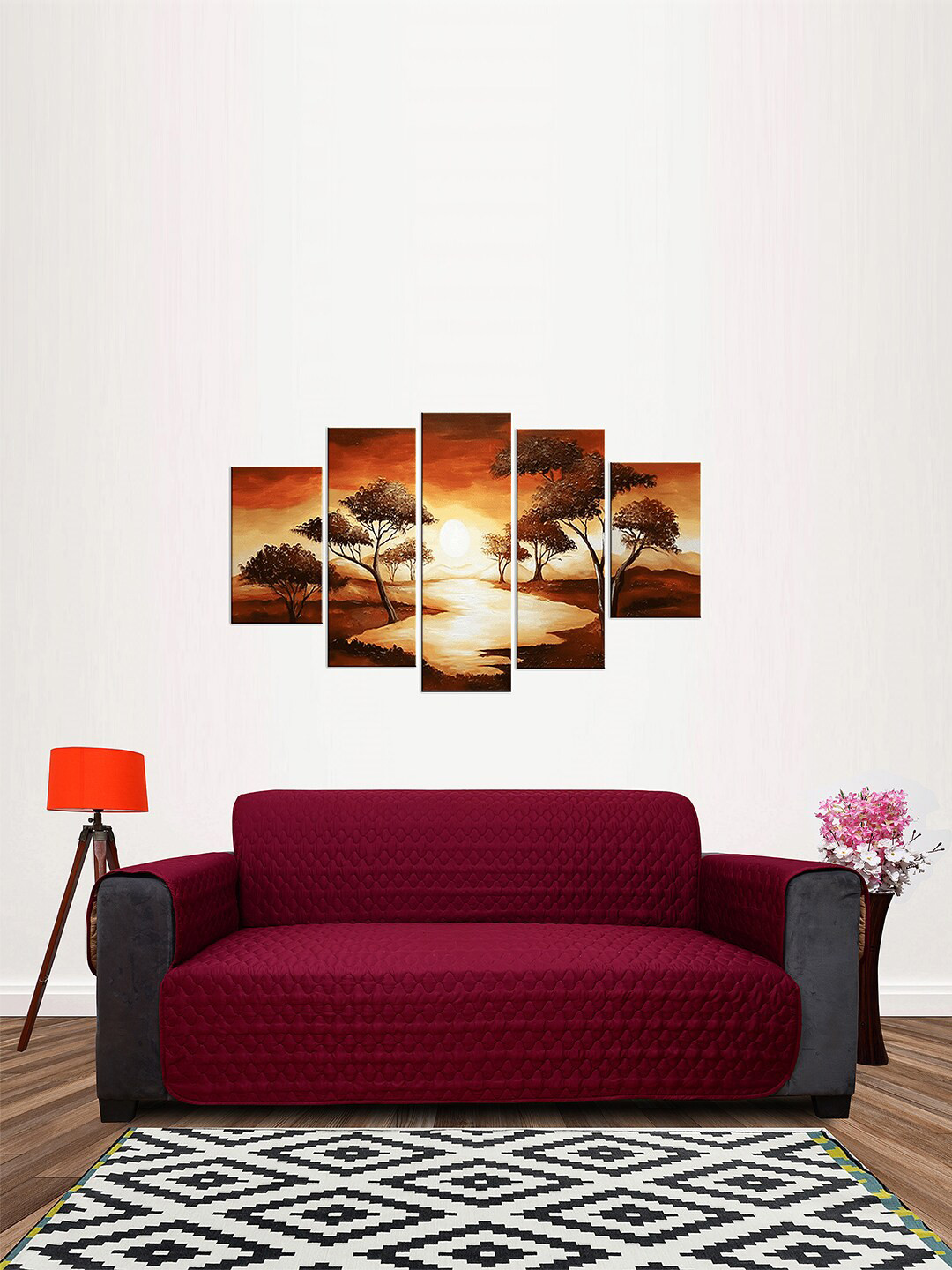 DREAM CARE Maroon & Beige Quilted Reversible 3-Seater Reversible Sofa Cover With Side Pockets