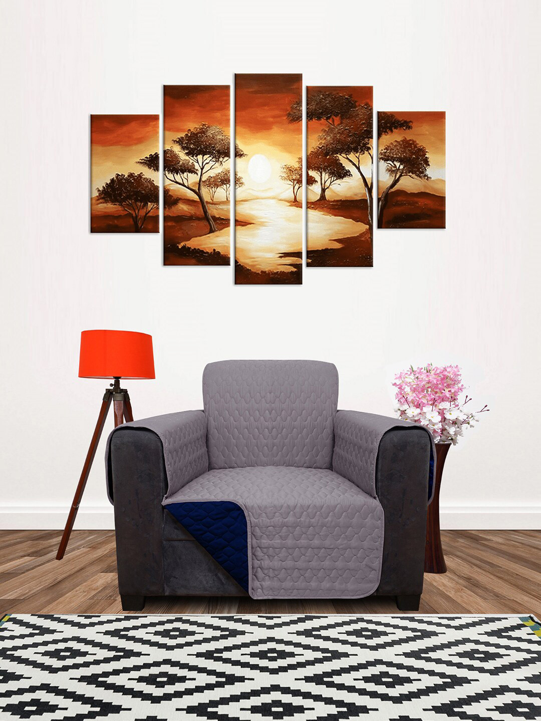 DREAM CARE Coffee Grey & Navy Blue Quilted Reversible 1 Seater Sofa Cover With Arm & Side Pockets