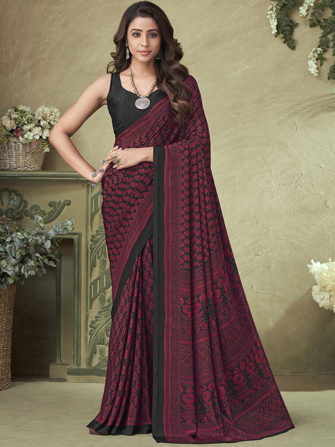 Mitera Floral Printed Silk Blend Saree