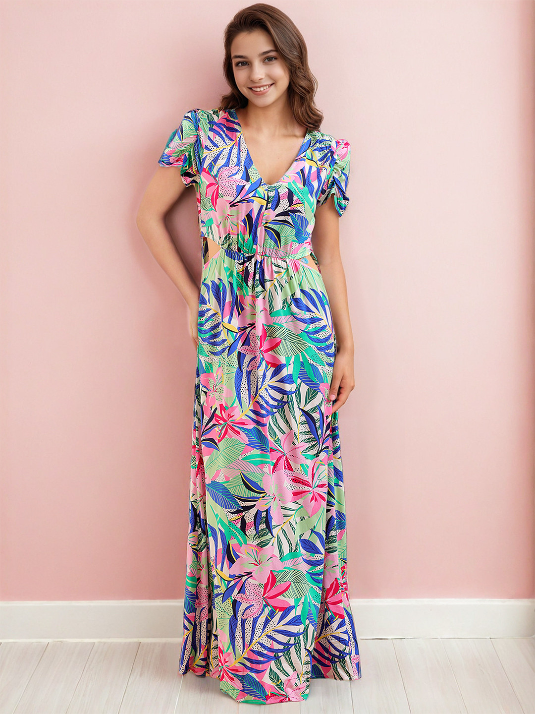 Freehand by The Indian Garage Co Tropical Printed Cut-Out Pure Cotton A-Line Maxi Dress