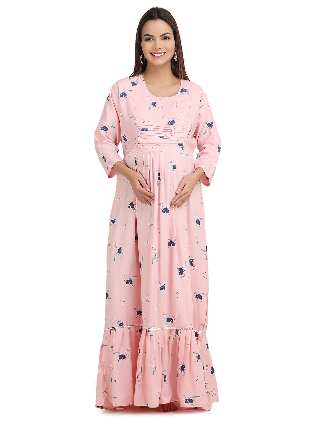 KOI SLEEPWEAR Round Neck Conversational Printed Maternity Maxi Dress With Feeding Pocket