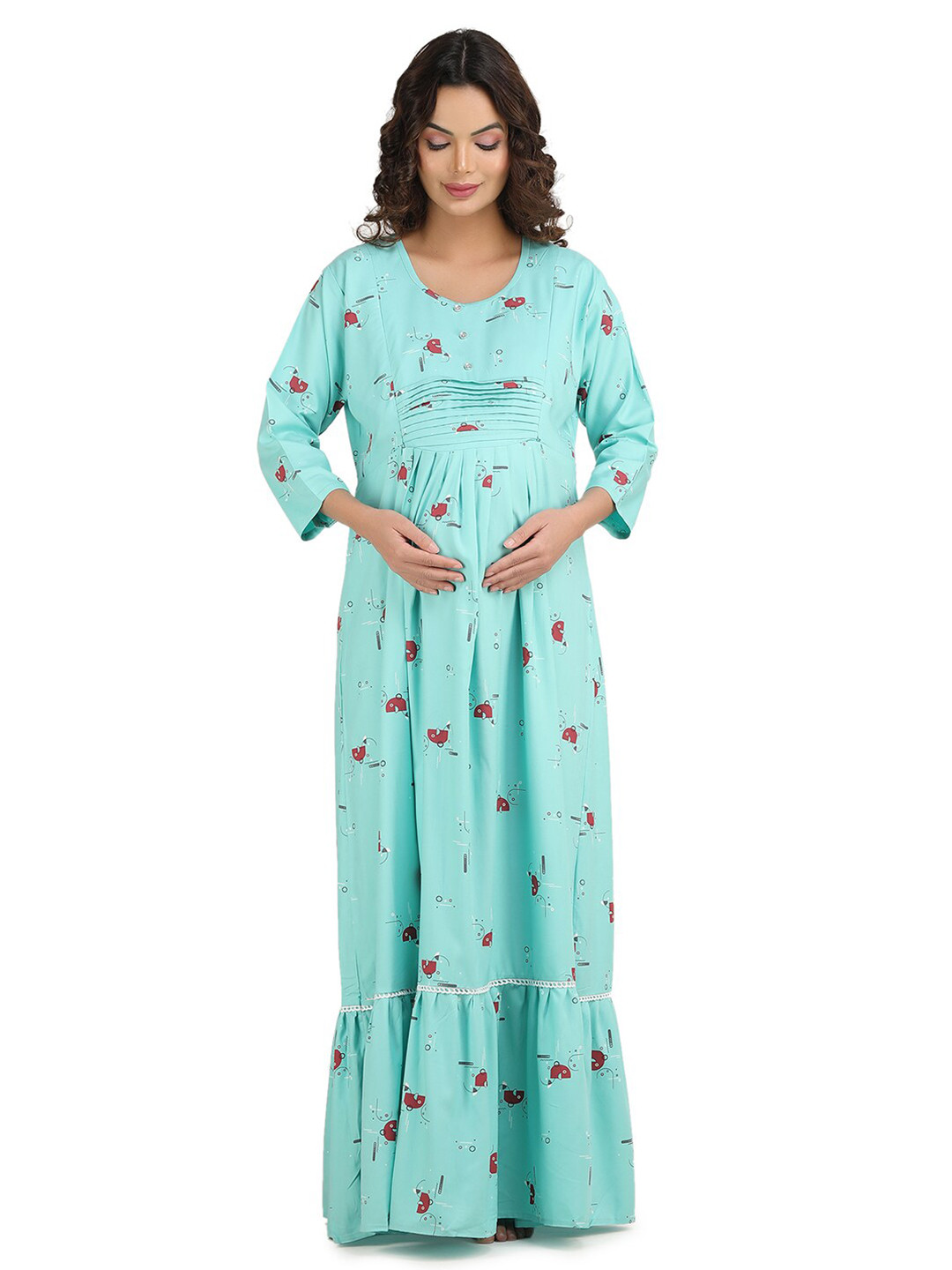 KOI SLEEPWEAR Round Neck Conversational Printed Maternity Maxi Dress With Feeding Pocket