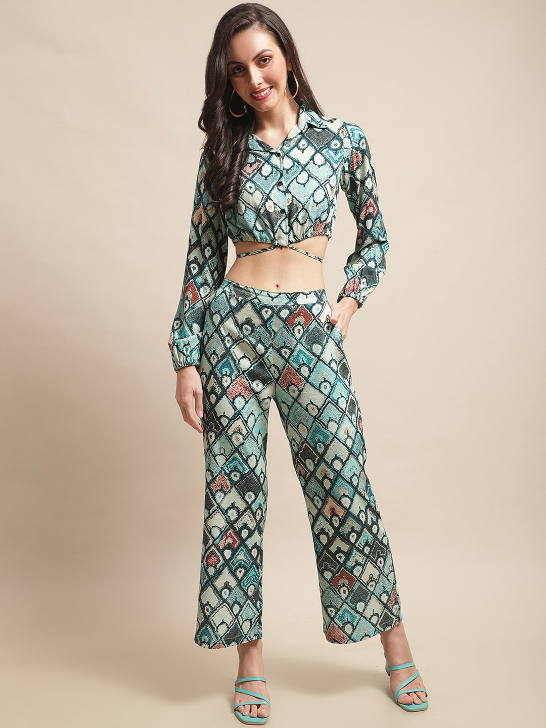 Claura Printed Shirt Collar Puff Sleeves Top And Trouser Co-Ord Set
