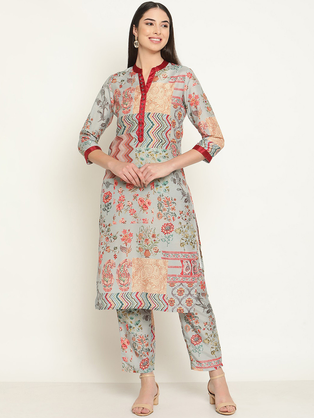 Be Indi Women Floral Printed Straight & Collared Kurta Set with Trouser