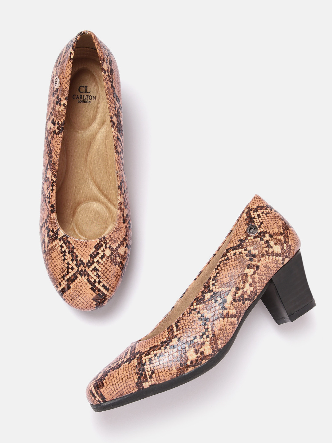 Carlton London Women Snake Skin Textured Block Heel Pumps