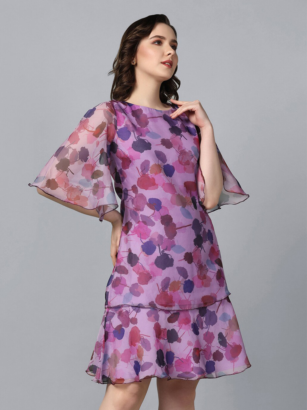 PowerSutra Round Neck Floral Printed Flared Sleeve A-Line Dress