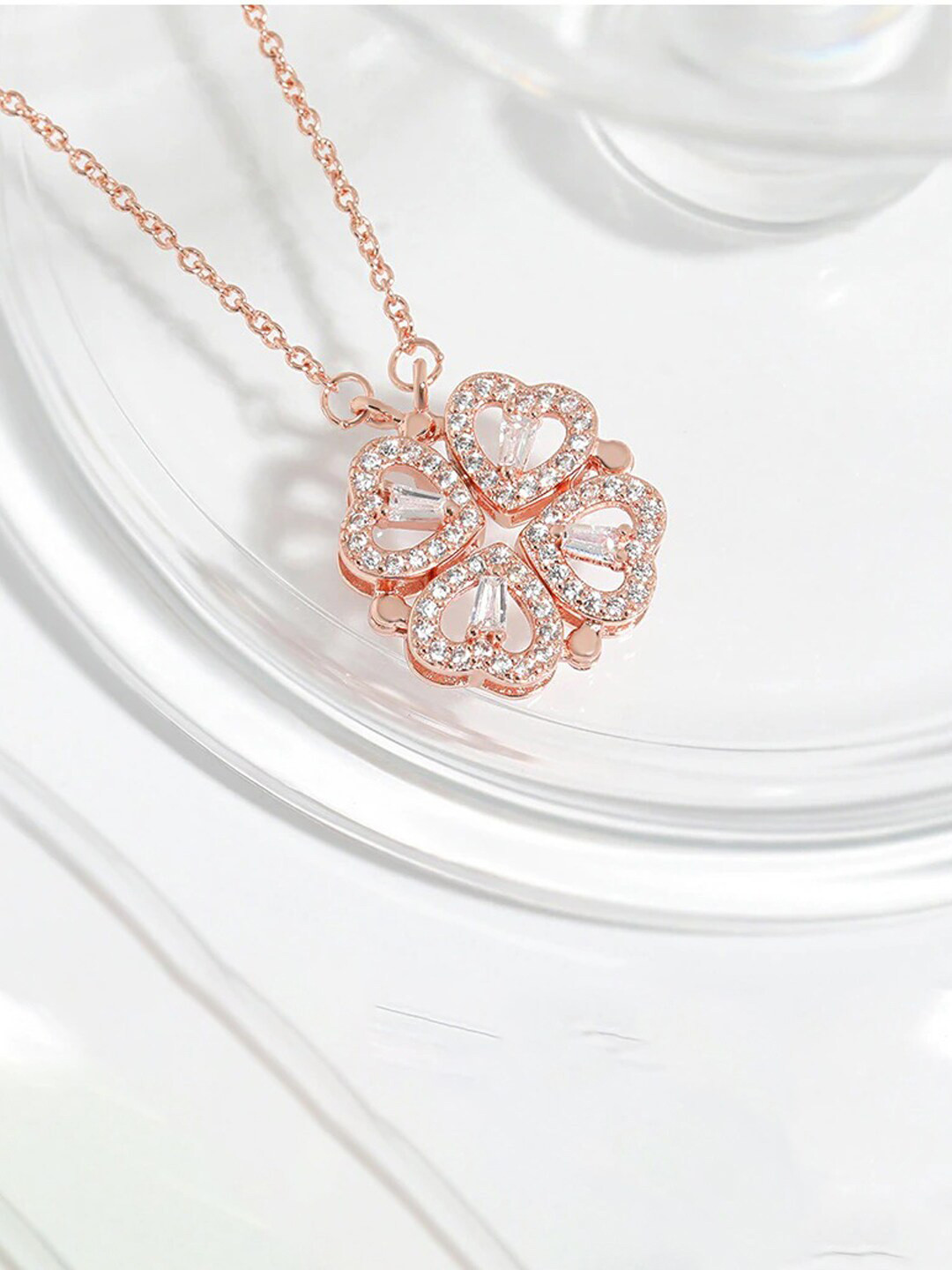 Jewels Galaxy Rose Gold-Plated Stone-Studded Openable Magnet Pendant With Chain