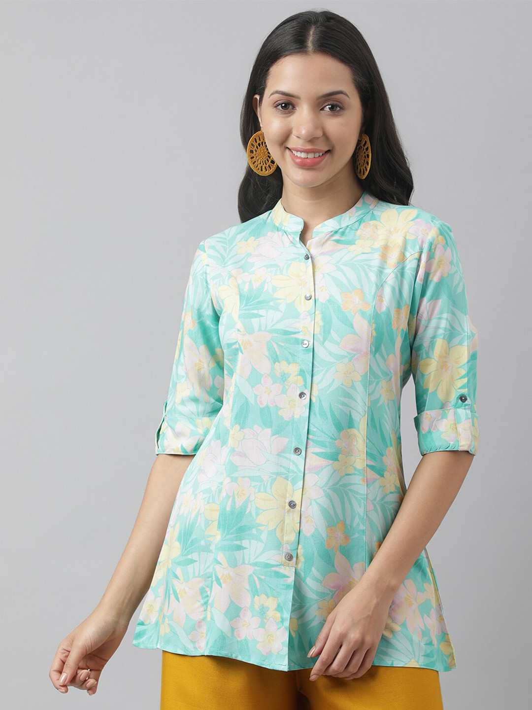 Divena Floral Print Mandarin Collar Roll-Up Sleeves A-line Shirt Style Top