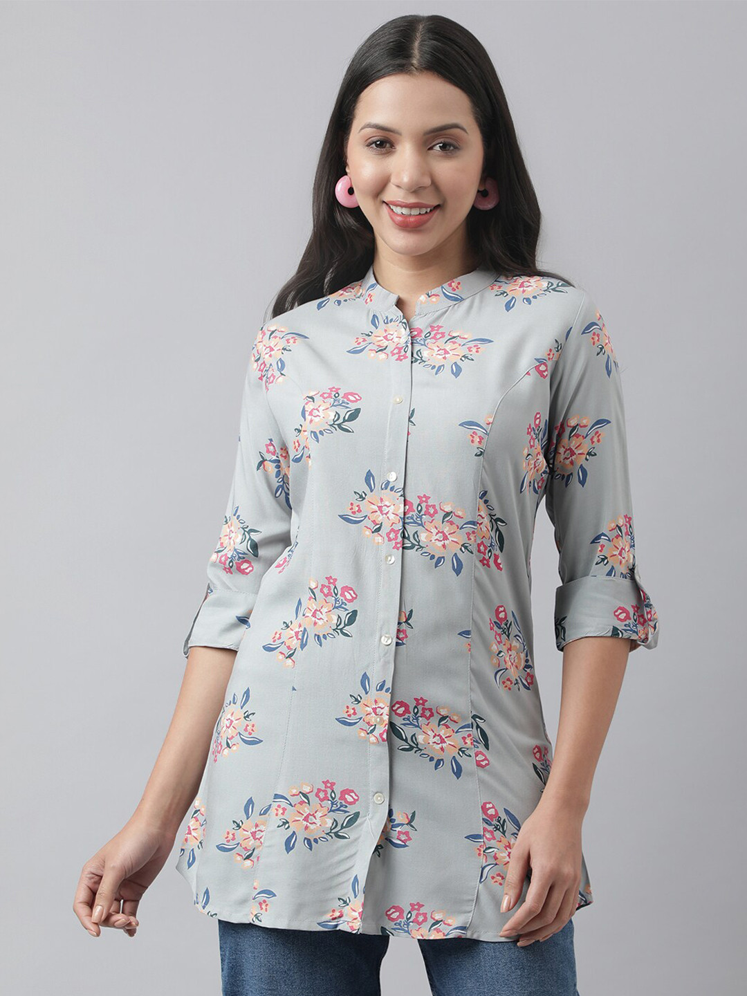 Divena Floral Print Mandarin Collar Roll-Up Sleeves A-line Shirt Style Top