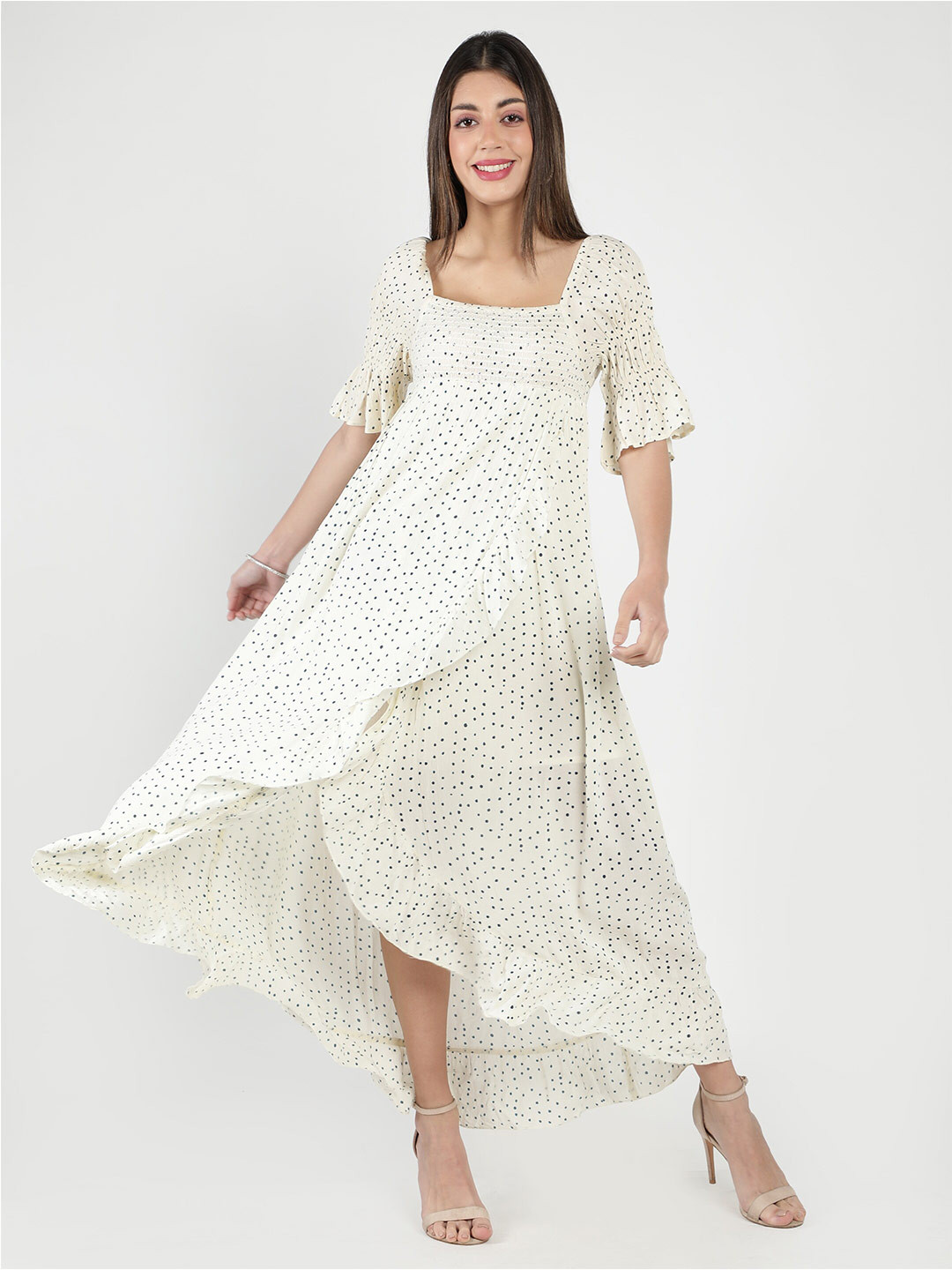 DEBONATELLA Polka Dots Print Crepe Maxi Dress