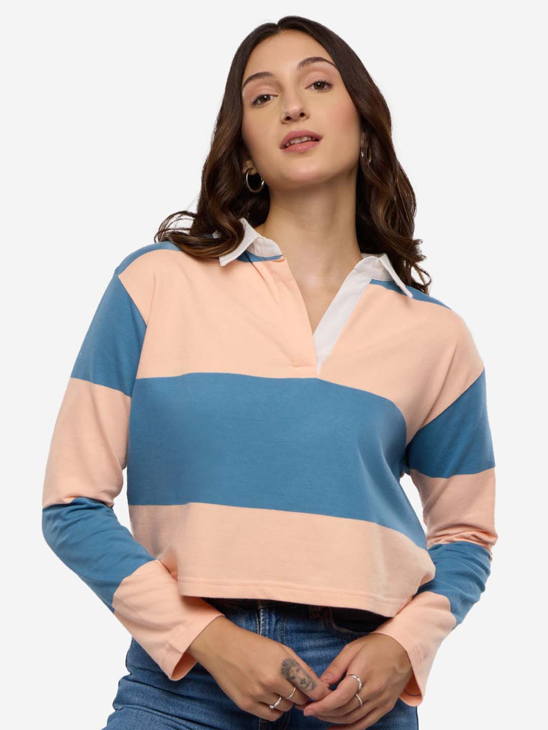 The Souled Store Women Striped Polo Collar Pure Cotton Loose T-shirt
