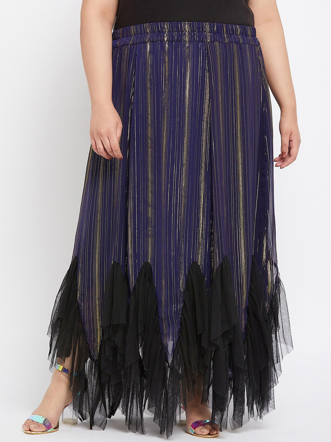 Antheaa Curve Printed Frilled Flared Maxi Slip-On Skirt