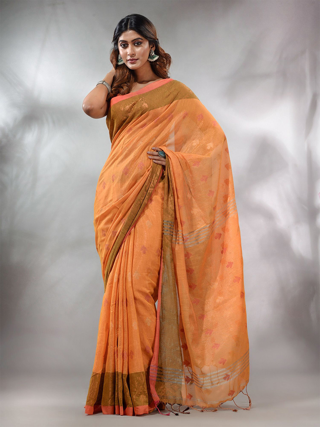Charukriti Orange & Gold-Toned Floral Zari Tissue Saree