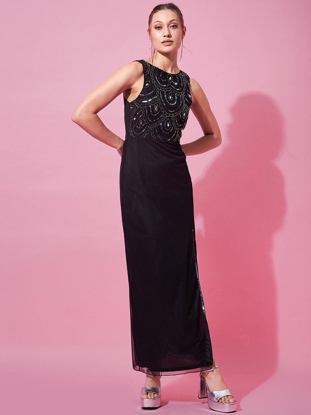 STREET 9 Round Neck Embellished Front Slit Net Maxi Dress