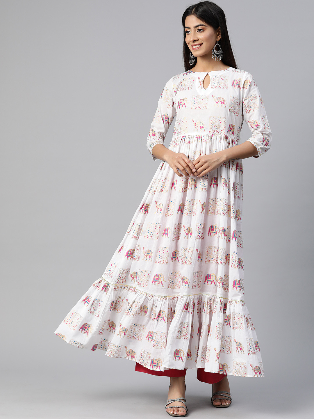 MBE Ethnic Motifs Printed Keyhole Neck Gotta Patti White Romance Anarkali Kurta