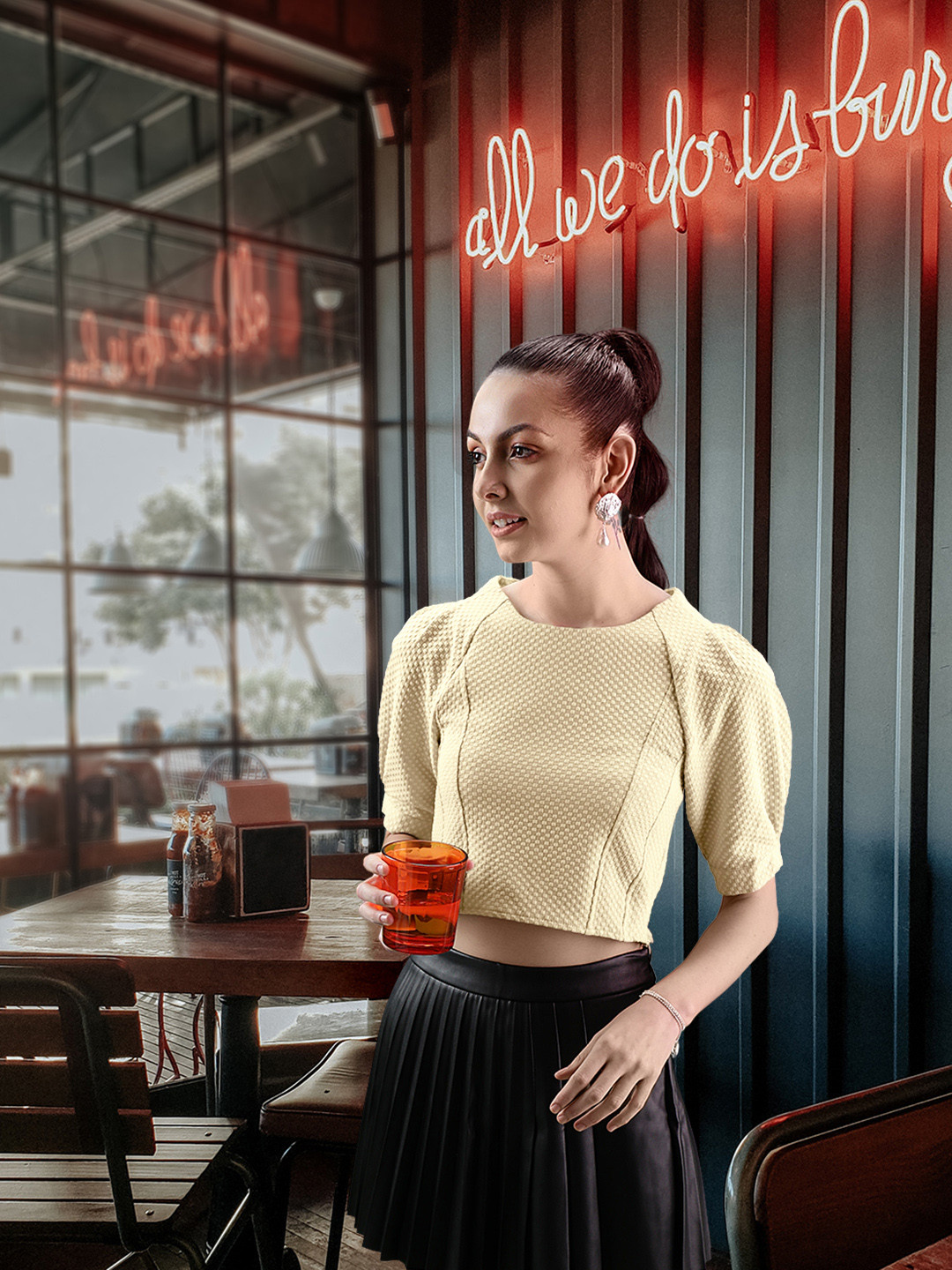 Madame Self Design Raglan Sleeves Crop Top