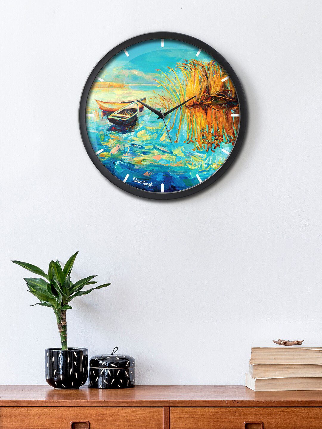 green girgit Blue & Yellow Fishing Boats Printed Contemporary Analogue Wall Clock