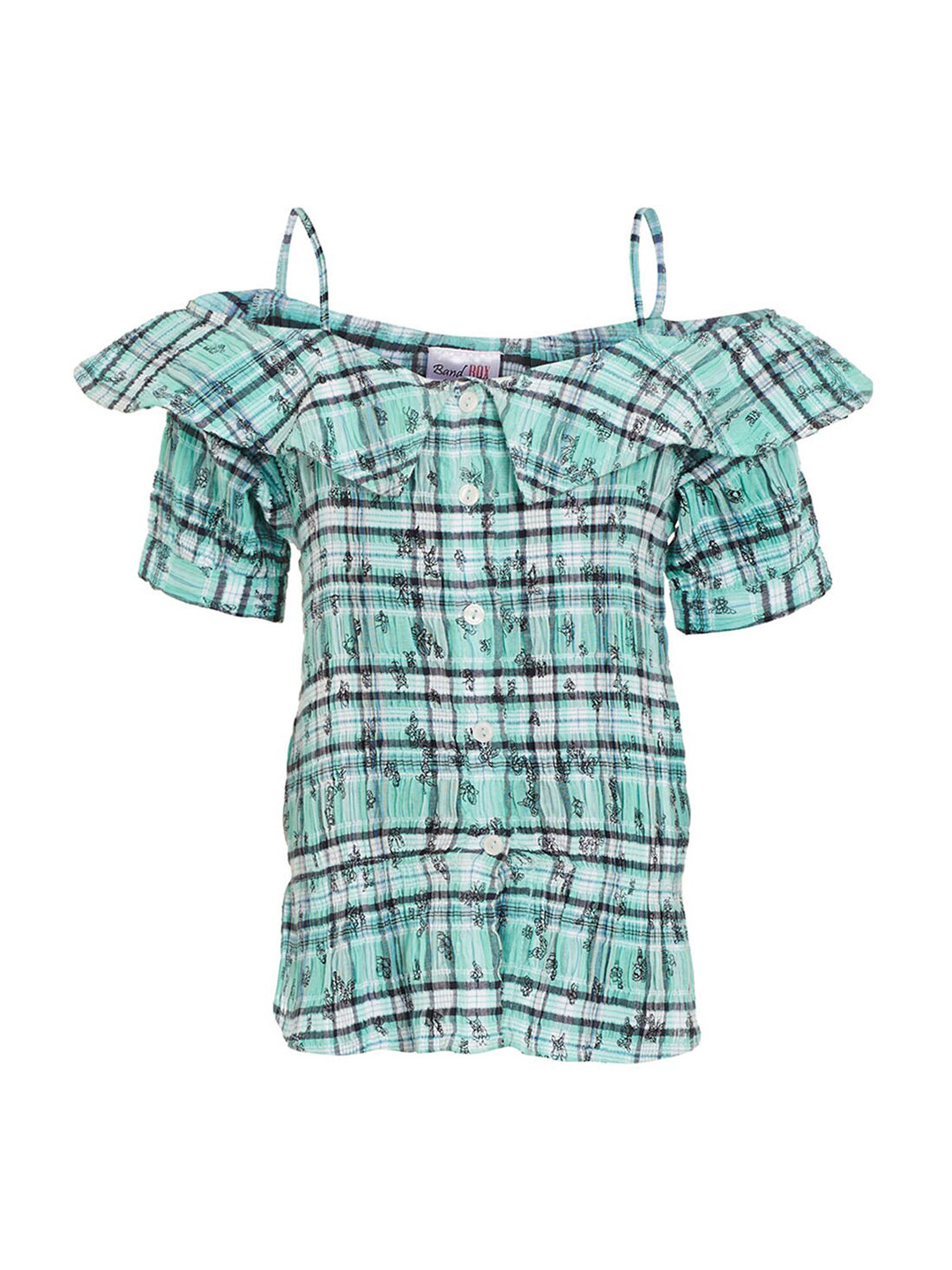 BandBox Girls Checked Shoulder Straps Cold-Shoulder Sleeves Top