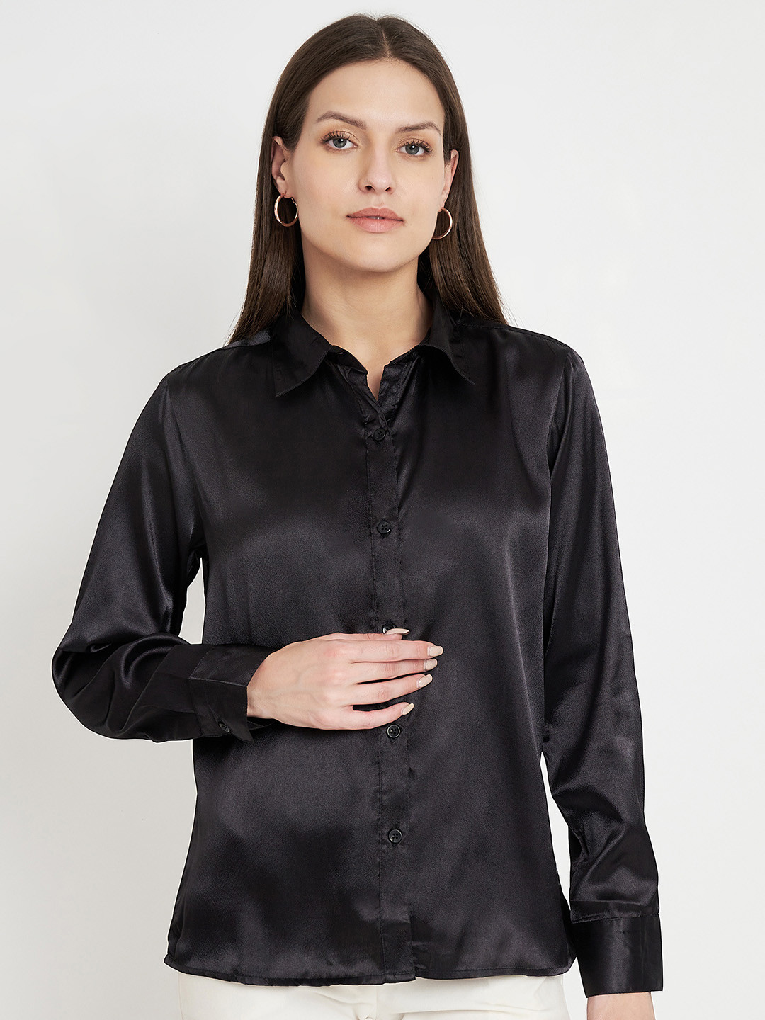 CHARMGAL Spread Collar Long Sleeves Satin Classic Shirt