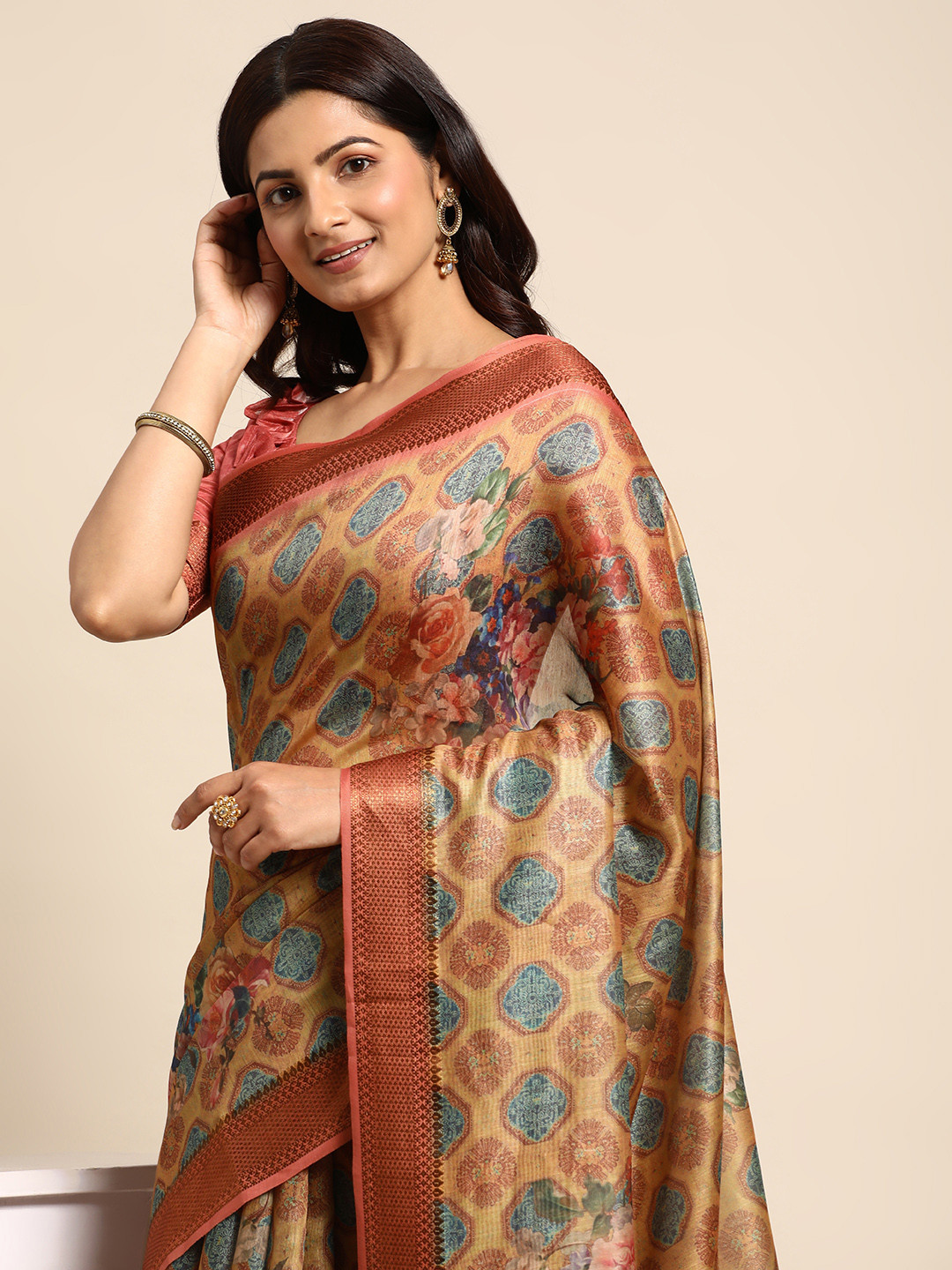 Mitera Floral Linen Blend Saree
