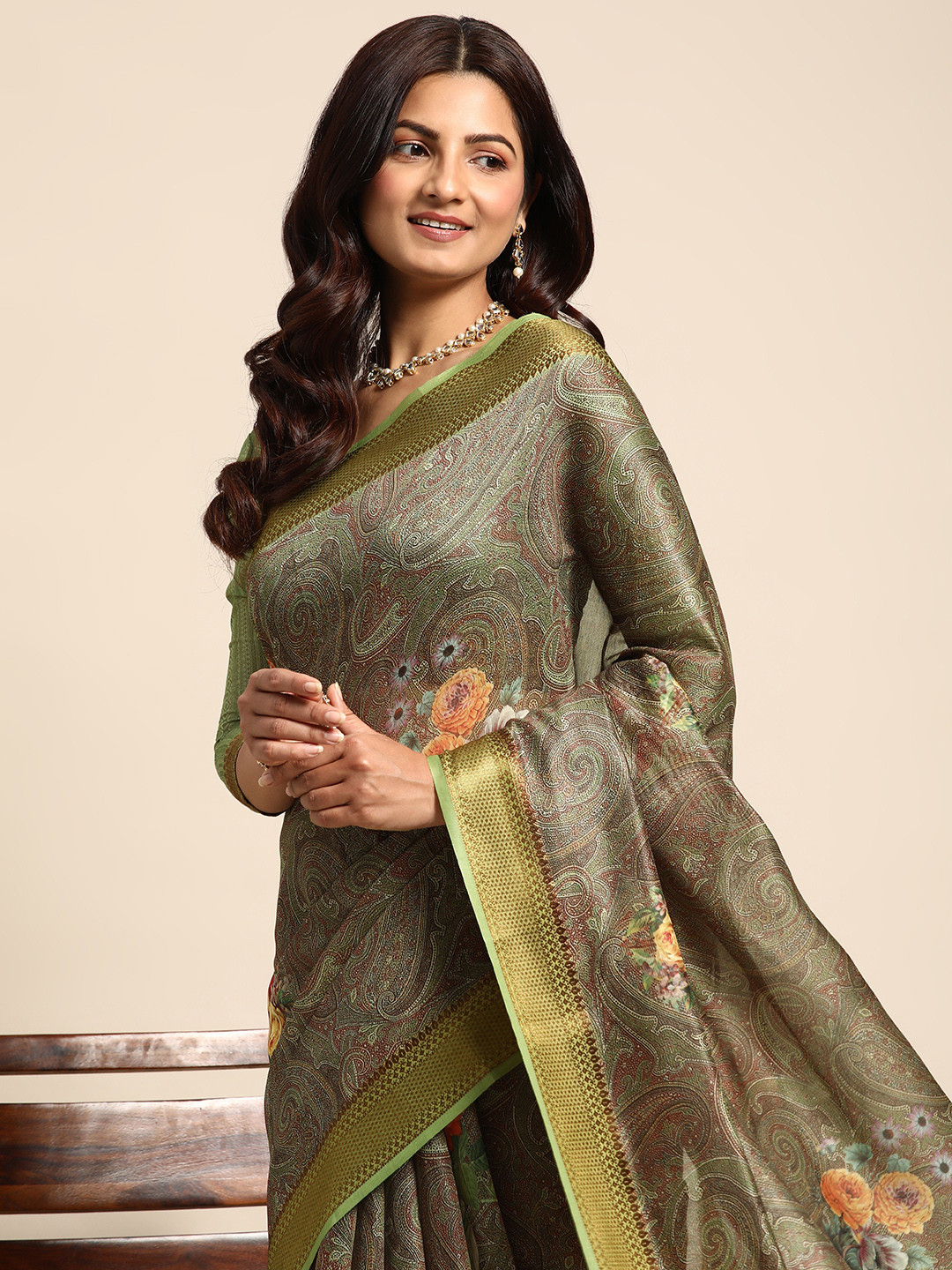 Mitera Floral Linen Blend Saree