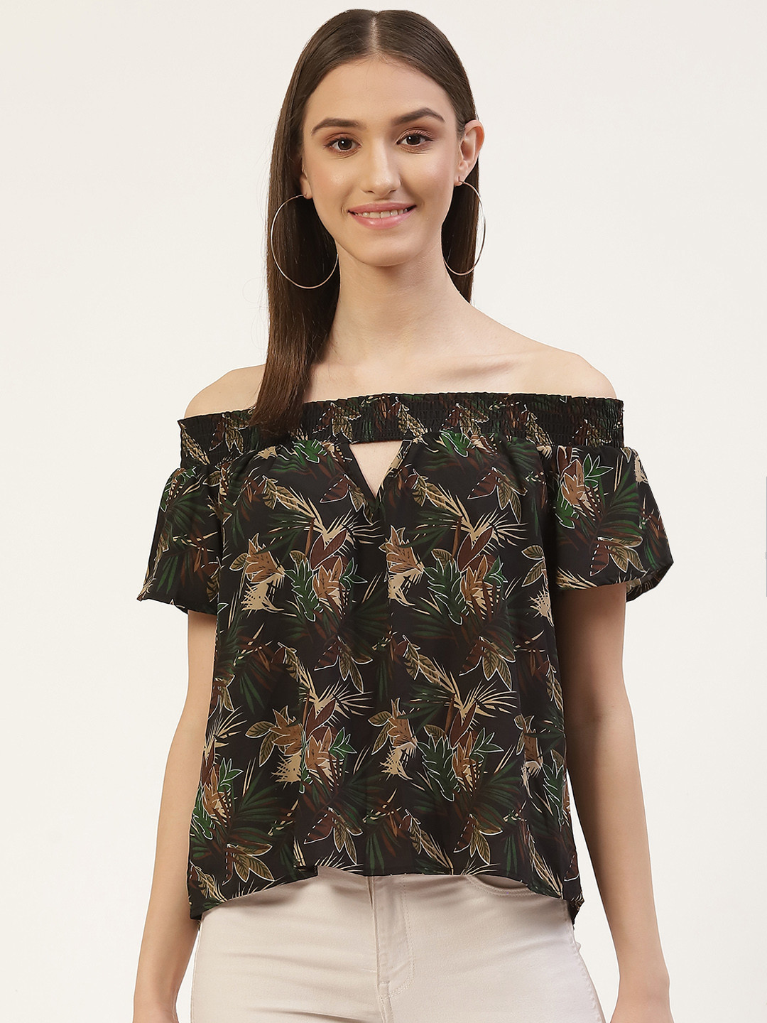 pink woman Black & Green Floral Print Off-Shoulder Bardot Top