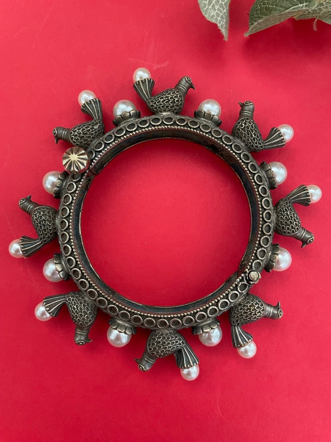 Digital Dress Room Silver-Plated Oxidised Beads-Studded Kada Bangle