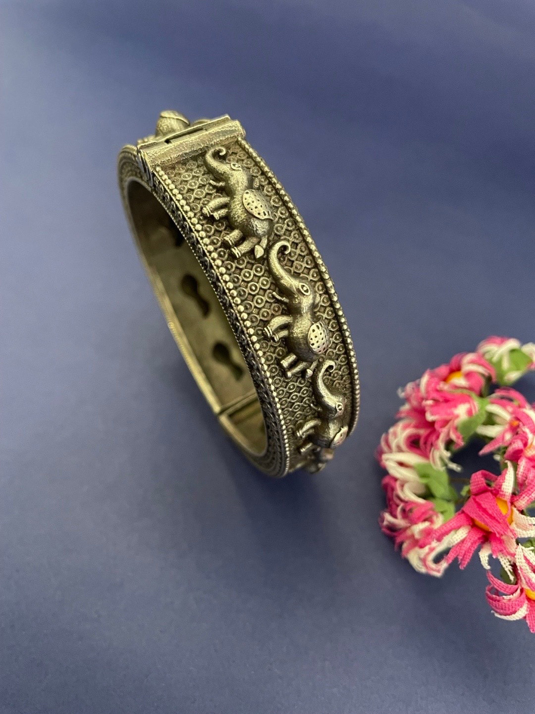Digital Dress Room Silver-Plated Elephant Design Oxidised Kada Bangle