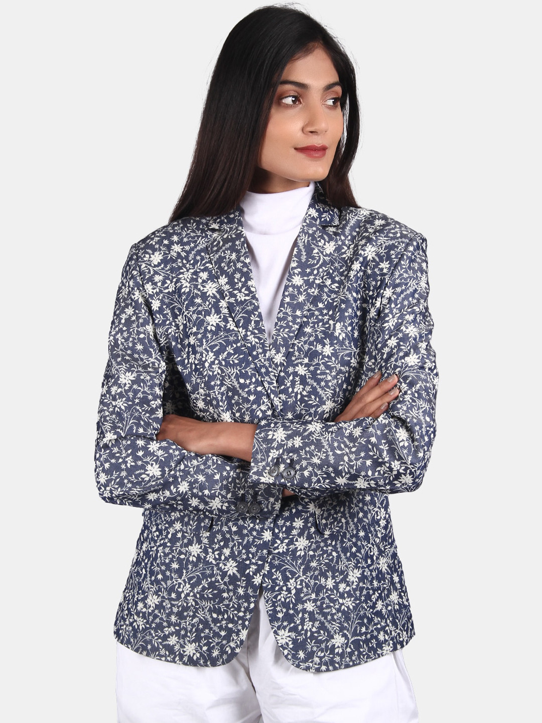 INDOPHILIA Printed Single-Breasted Pure Cotton Blazer