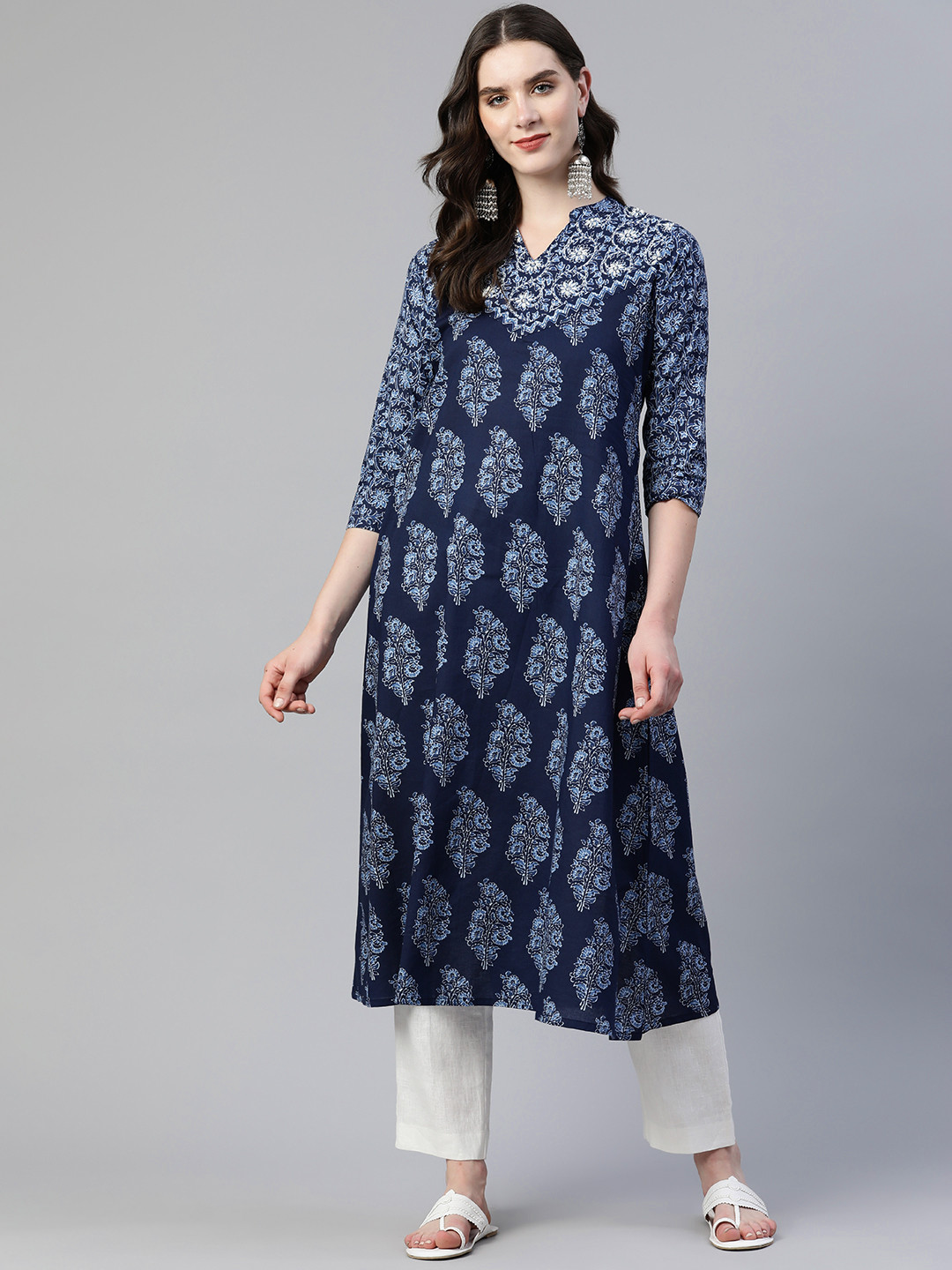 Vbuyz Embroidered Kantha Work Indigo Pure Cotton Kurta