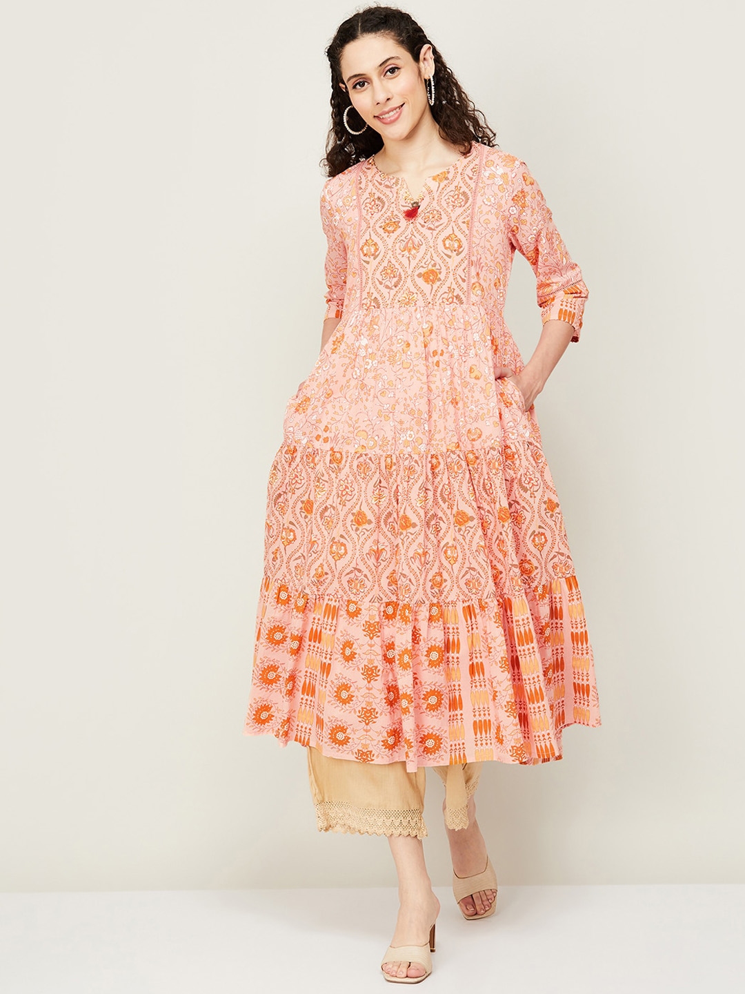 Buy Melange By Lifestyle Floral Printed Notched Neck Thread Work