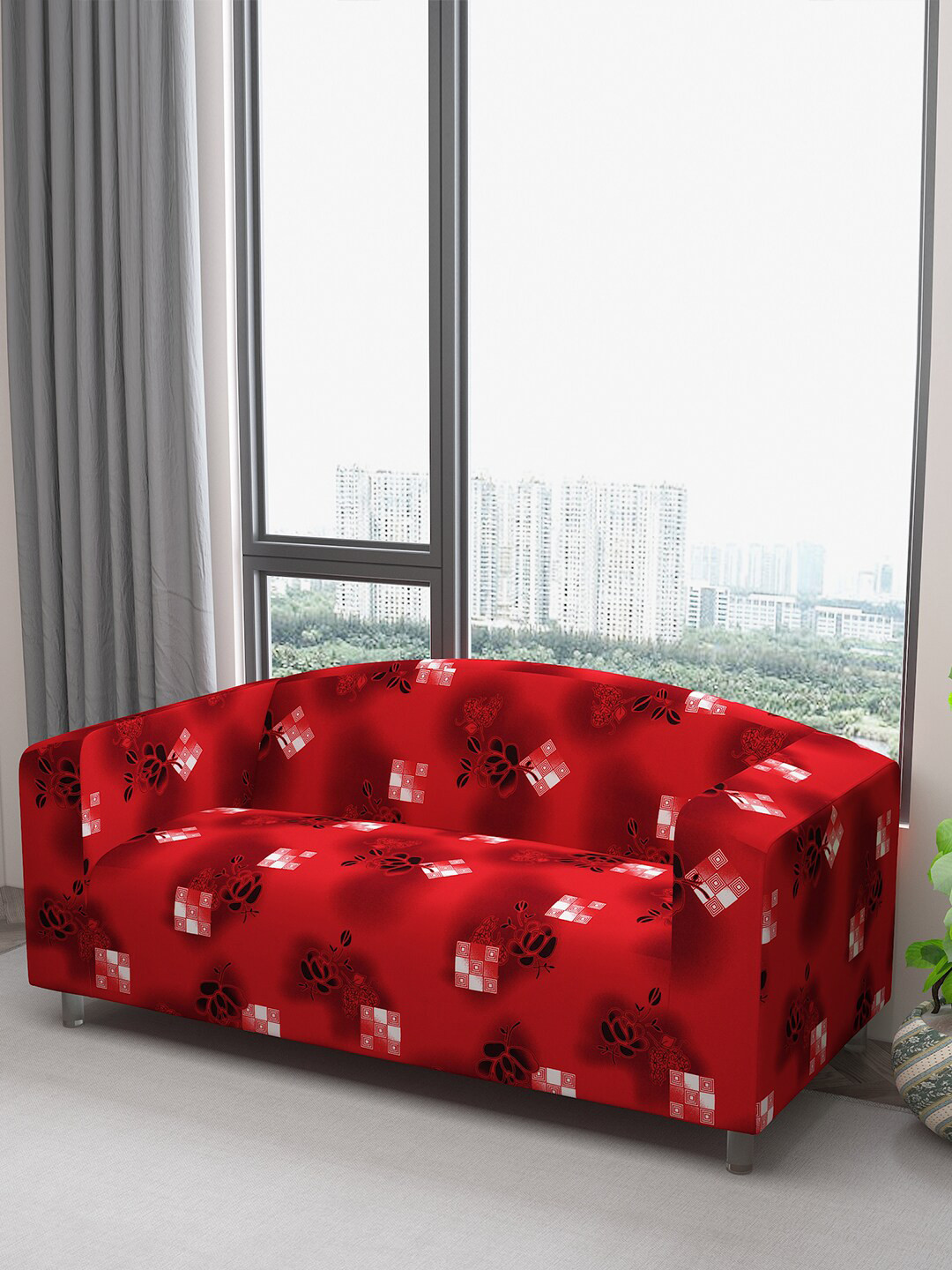 DREAM CARE Maroon & White Printed Waterproof & Flexible 3-Seater Sofa Cover